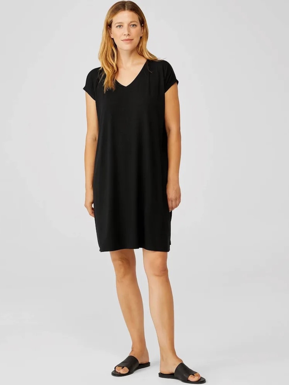 Eileen Fisher Black V-Neck Organic Cotton Dress size Large P